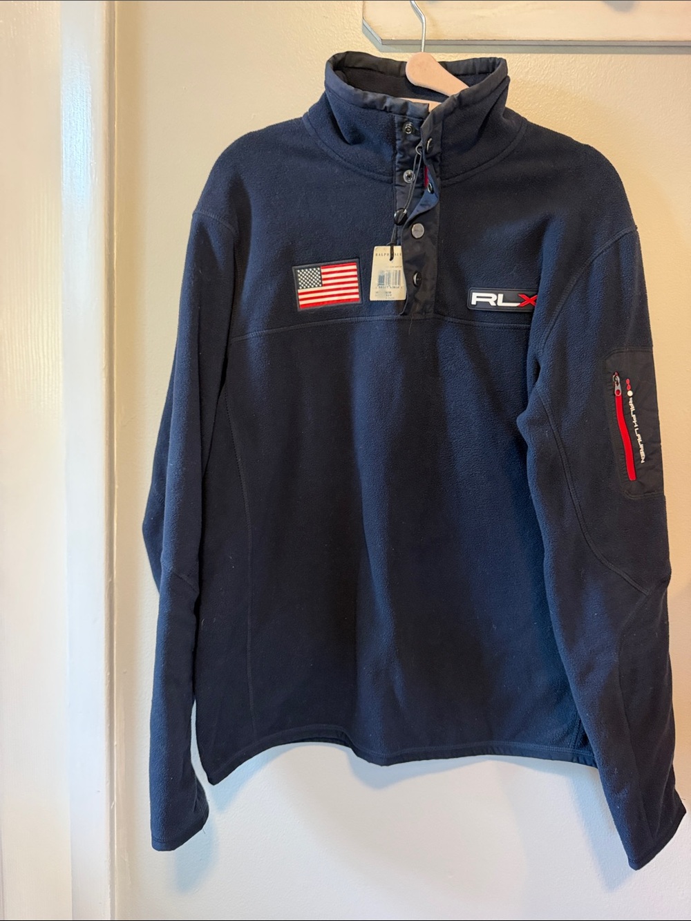 Ralph Lauren RLX Navy Fleece Snap Pullover with Flag Patch
